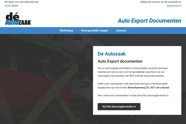 De website autoexportlelystad.nl van Dé Autozaak