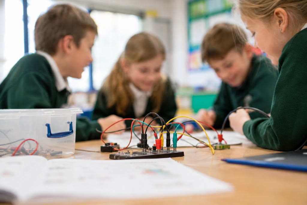 Pupils collaborating on an electronics project in the classroom, with faces softly out of focus