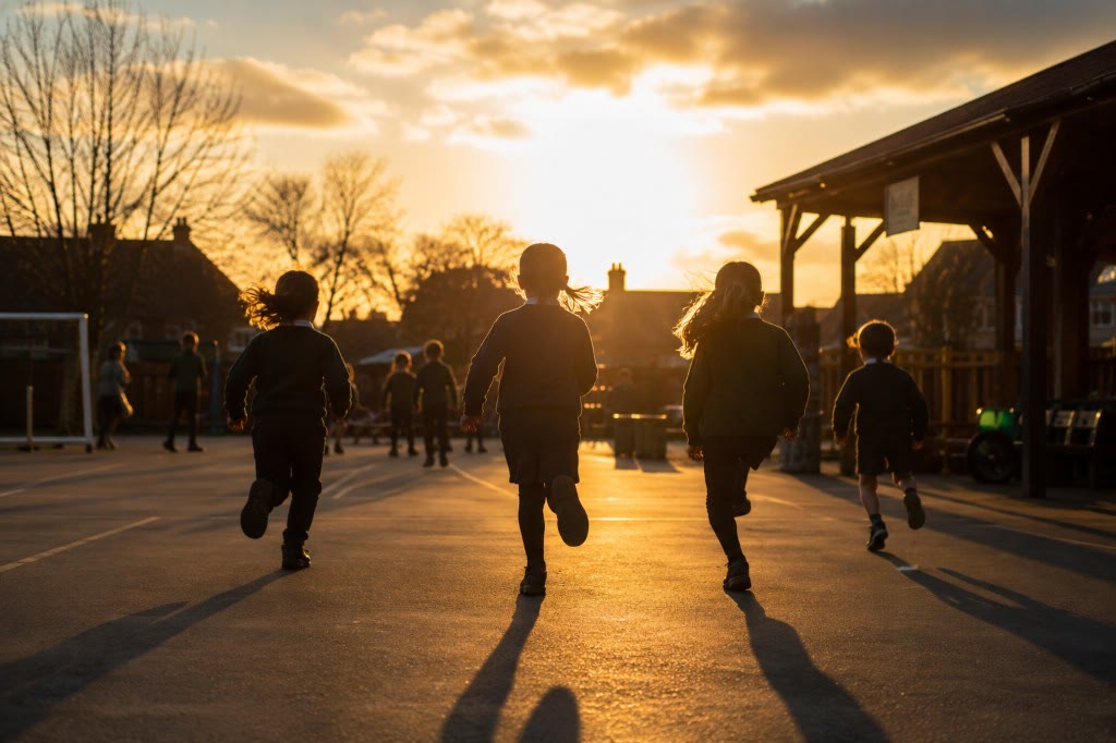 Group of pupils running on the playground at sunset, photographed as silhouettes from behind
