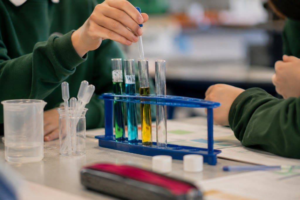 Pupils conducting a science experiment with colourful test tubes, photographed from the side