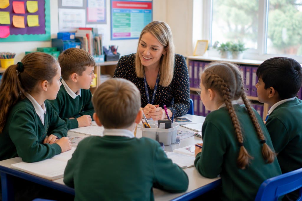 Teacher and small group of pupils learning together around a classroom table