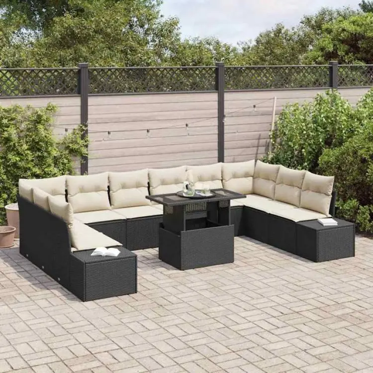 vidaXL 11-Delars Utemöbler Med Soffor Och Kuddar Svart Polyrotting Loungeset