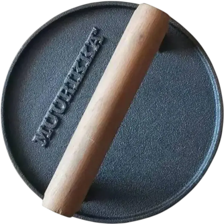 Muurikka Rund Gjutjärn Svart Trä Hamburgerpress 18cm