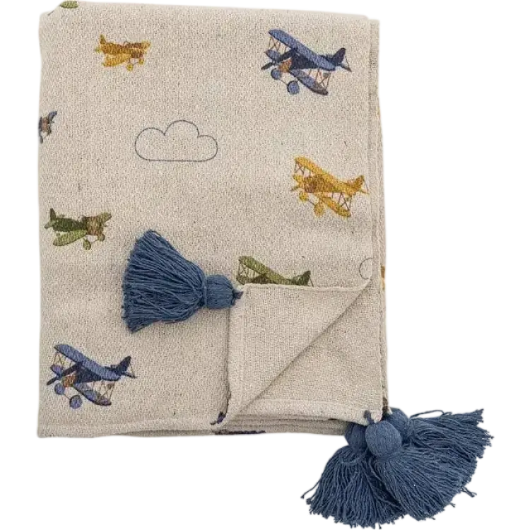 Bloomingville Plane Pläd Natur Filt Beige, Blå, Vit, Natur (160x130cm)