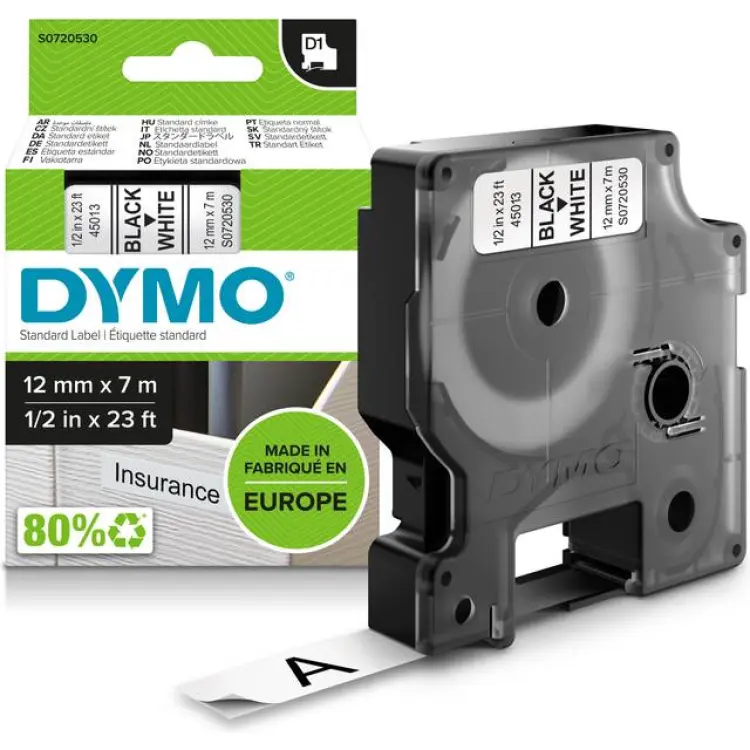 DYMO D1 Tape Black On White 1.2cmx7m