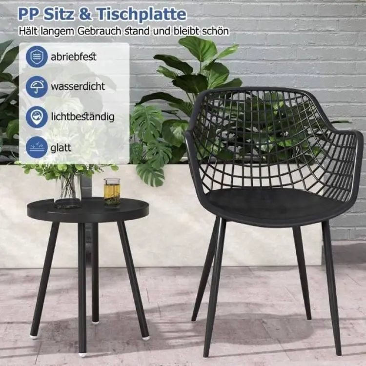 Cwy 3-Delad Utemöbler Set Bistrostolar Sidobord Sittplatser PP Svart Caféset, 1 Bord inkl. 2 Stolar