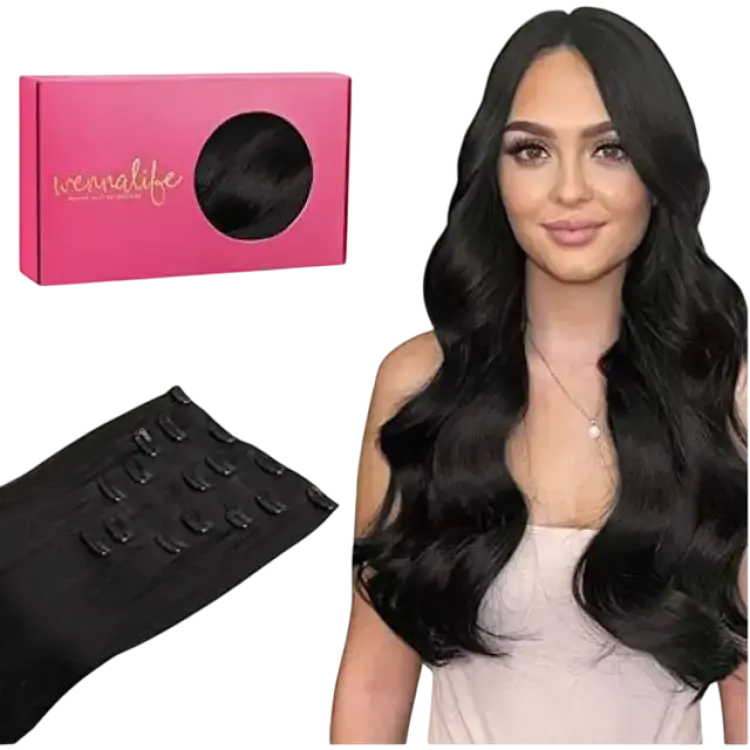 Wennalife Clip in Straight Hair Extension 14 inch #1B Natural Black 7-pack
