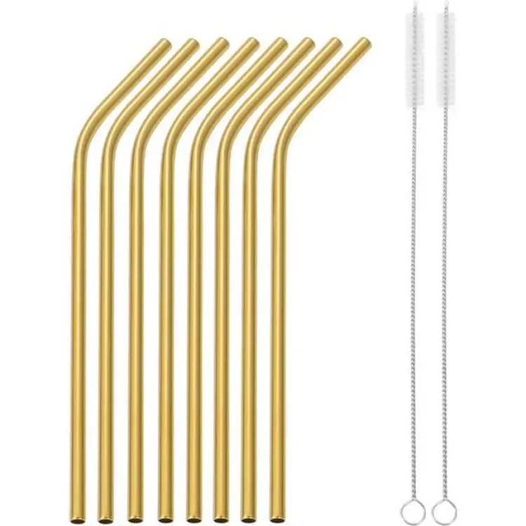 Shein 8pcs Stainless Steel Gold Reusable Straw and 2pcs Cleaning Brush