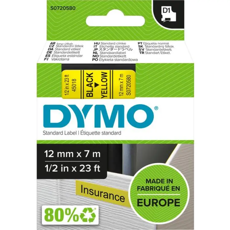 DYMO Label Cassette D1 Black on Yellow 1.2cmx7m