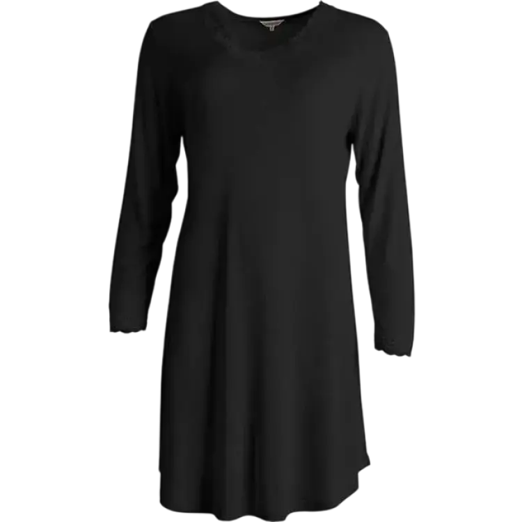 Lady Avenue Silk Jersey Nightgown With Long Sleeve - Black