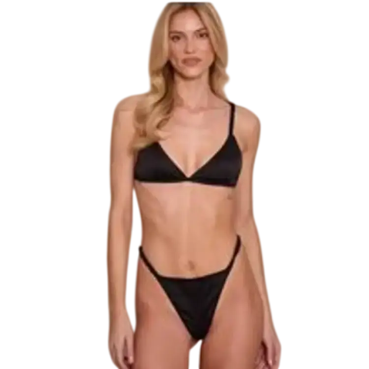 PrettyLittleThing Satin Triangle Bralet and Thong Set - Black