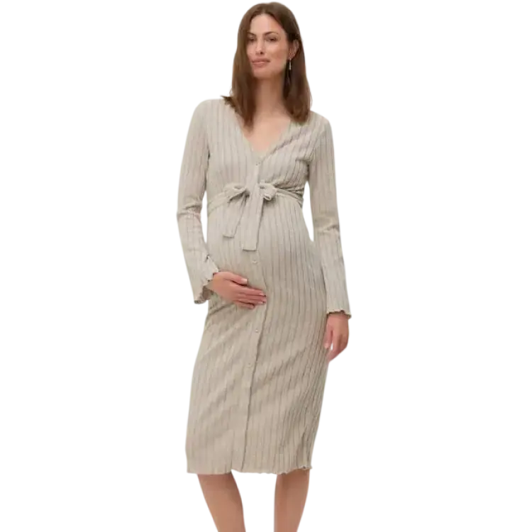 Mamalicious Maternity Rib Knit Tie Waist Midi Dress - Beige/White/Grey
