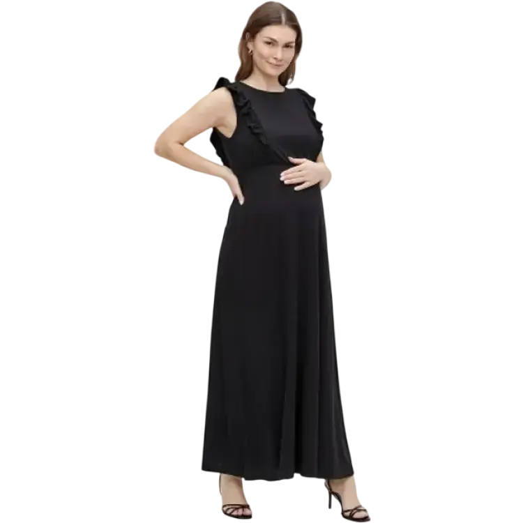 Mamalicious Roberta Mary Ruffle Maxi Maternity & Nursing Dress Black