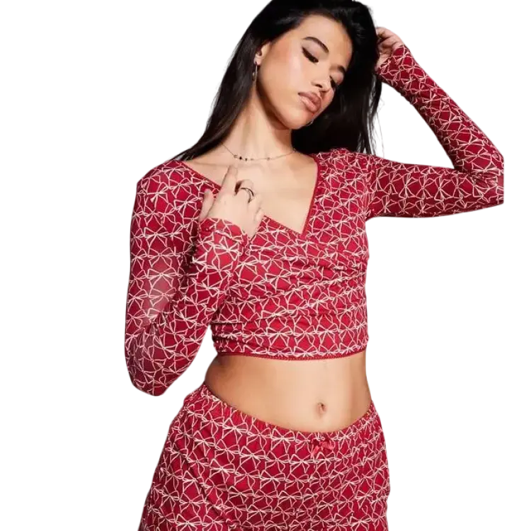 Kaiia Mixa Och Matcha Pyjamastopp I Omlottdesign Med Rosettryck - Vinröd