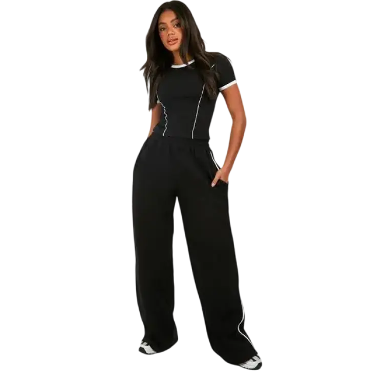 boohoo Dam Piping Detail T-Shirt Straight Leg Jogger Set - Black