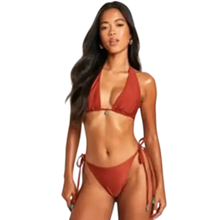 boohoo Stone Trim Triangle Bikini Top Tie Side Bikini Set - Brown