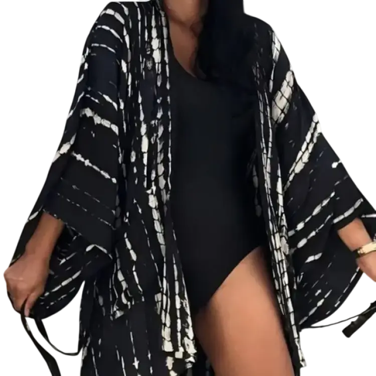 Temu Bohemian Beach Striped Print Kimono Cardigan - Blue