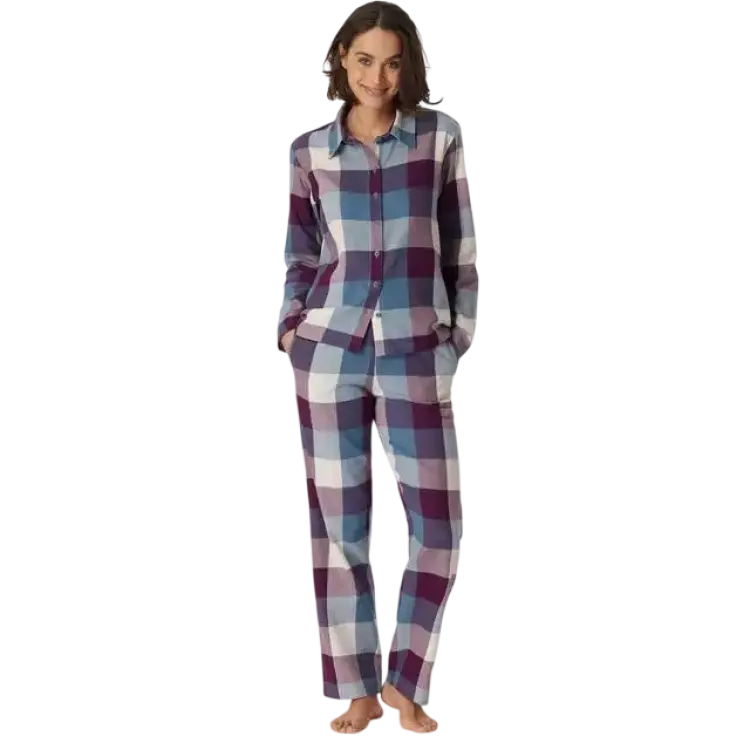 Schiesser Dam pyjamas lång flanell 100% bomull knäppt vinter pyjamas-set, flerfärgad 2, 42, Mehrfarbig 2