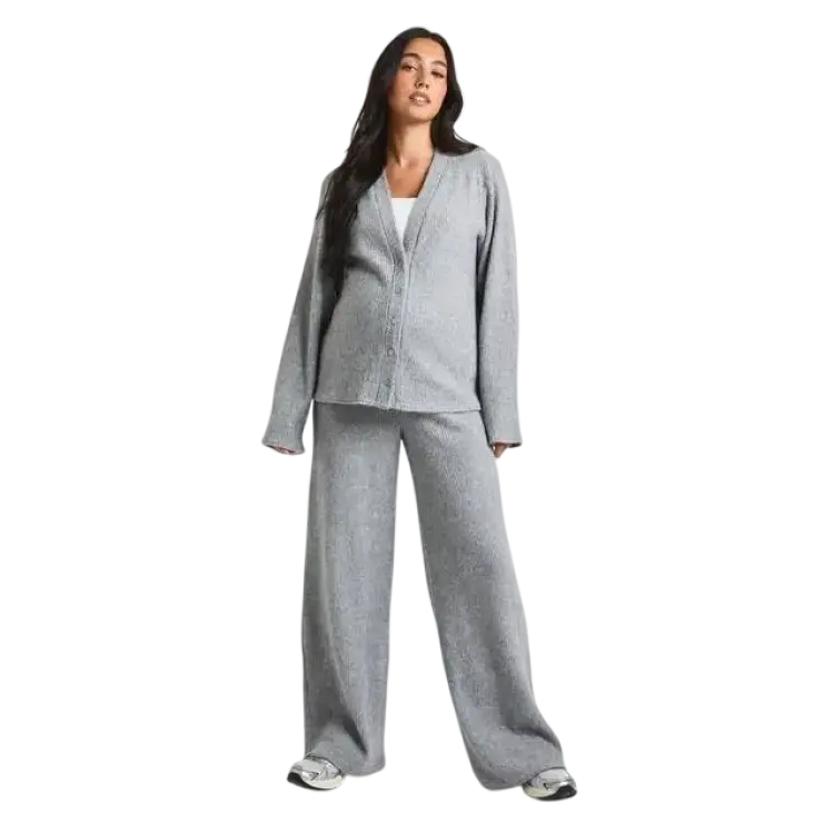 boohoo Gravid Mjuk Ribbad Lös Sittande Cardigan Byxor - Grey Marl