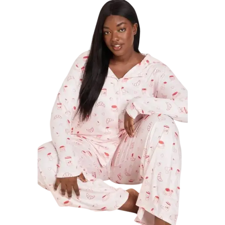boohoo Dam Plus Croissant Jam Long Sleeve Trouser Pyjama Set - Pink