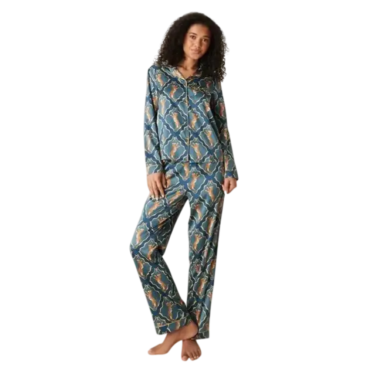 Chelsea Peers Tigermönstrad Satin Pyjamas Långa Ärmar Platt - Blå
