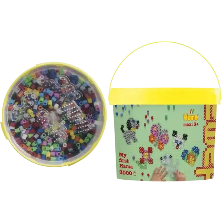 Hama Maxipärlor och Pegboards hink ca. 3 000 pärlor, 4 genomskinliga pinnbrädor, tryckt designark, instruktioner och strykpapper