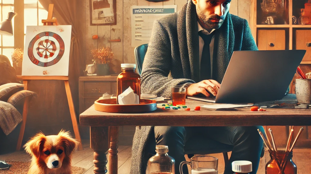 DALL·E 2024-10-21 19.02.35 - A scene illustrating an entrepreneur recovering from illness while balancing work. The man looks tired but is sitting at a desk in a cozy home environ