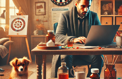 DALL·E 2024-10-21 19.02.35 - A scene illustrating an entrepreneur recovering from illness while balancing work. The man looks tired but is sitting at a desk in a cozy home environ