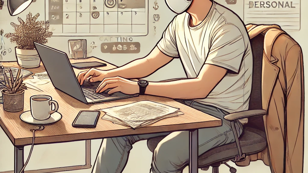 DALL·E 2024-10-28 21.08.42 - A digital illustration of a professional casually returning to work after illness, seated at a desk without any face mask, in casual clothing. The des