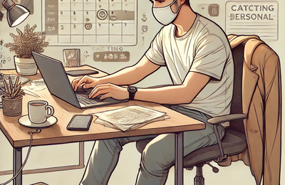 DALL·E 2024-10-28 21.08.42 - A digital illustration of a professional casually returning to work after illness, seated at a desk without any face mask, in casual clothing. The des