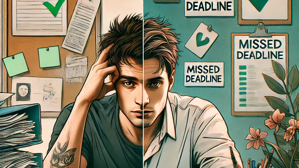 DALL·E 2024-11-04 20.52.12 - A digital artwork featuring a young man with brown hair at his desk, symbolizing a busy and challenging work week. One side of the workspace is chaoti