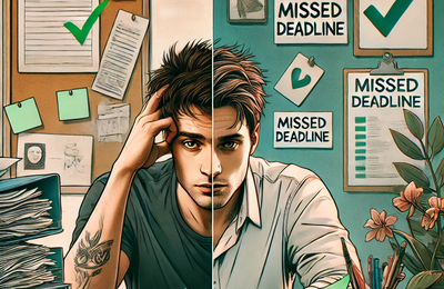 DALL·E 2024-11-04 20.52.12 - A digital artwork featuring a young man with brown hair at his desk, symbolizing a busy and challenging work week. One side of the workspace is chaoti