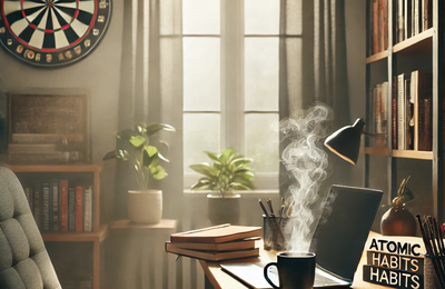 DALL·E 2024-12-02 20.24.50 - A peaceful and productive home office scene showing a desk with a laptop, notebooks, and a steaming coffee mug. The room is lit by soft natural light