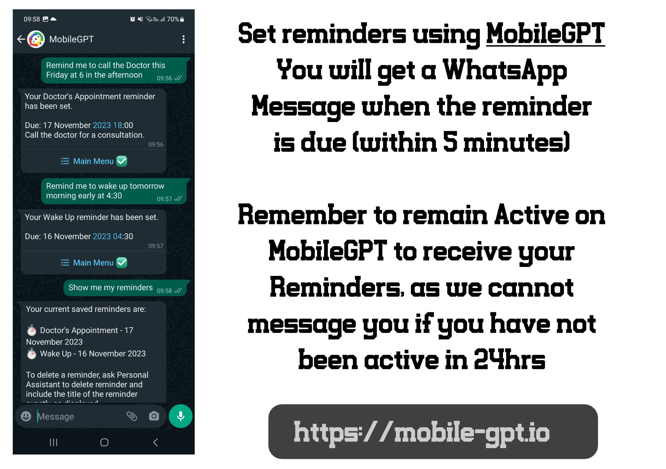 Set reminders on MobileGPT - Generative AI on WhatsApp