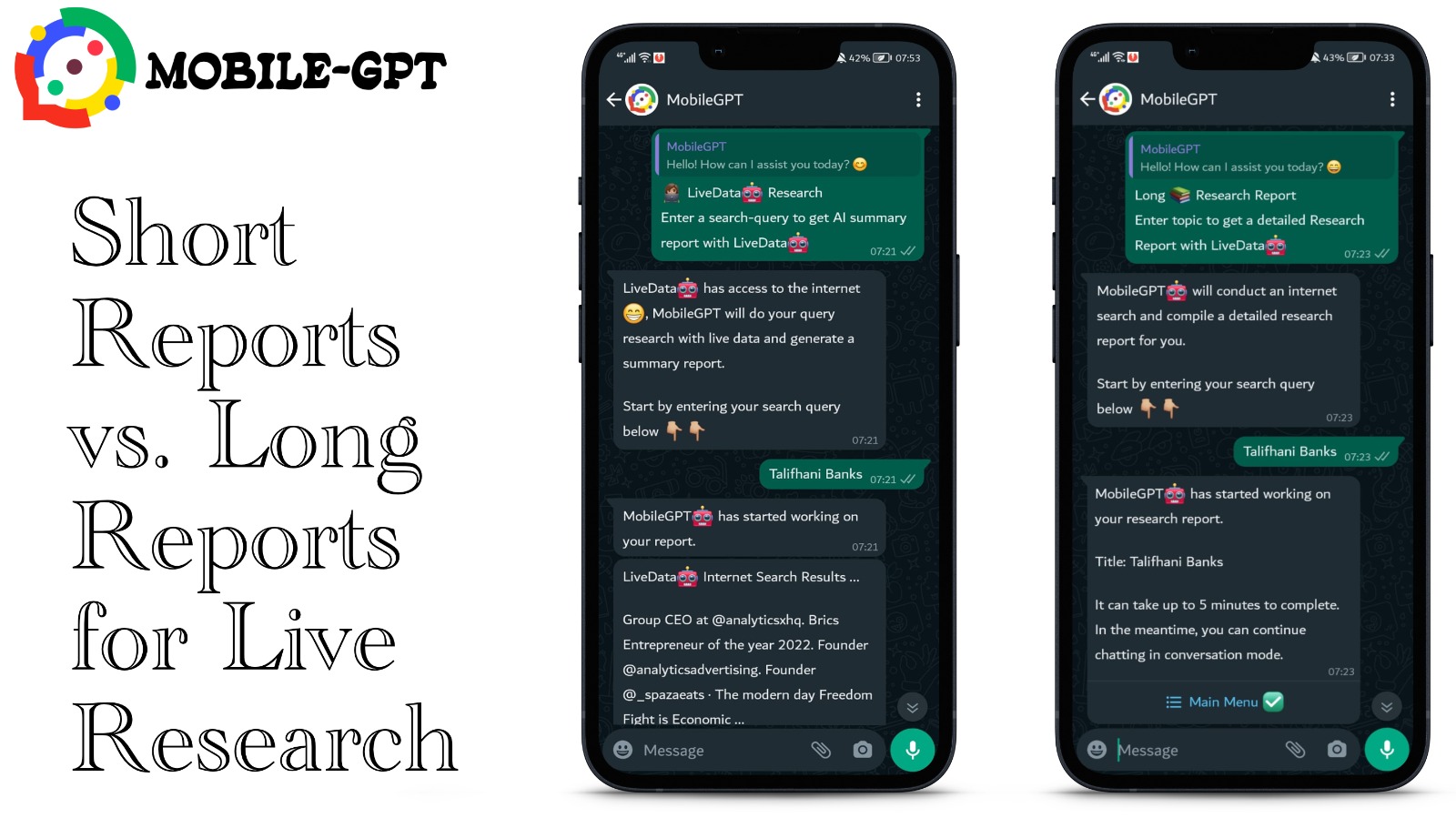 Short Research Reports vs. Long Research Reports with Live Data on MobileGPT