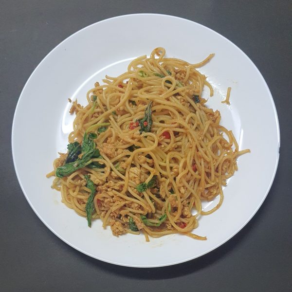 F20 Ch Stir Fried Chicken And Spaghetti In Holy Basil Leaves