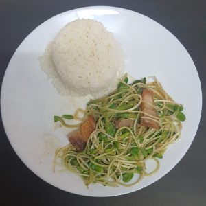 F26 PoC Stir Fried Sunflower Sprouts With Crispy Pork Over Rice