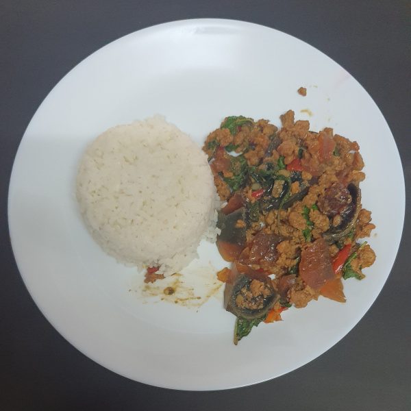 F45 Po Stir fried Preserved Egg and Pork with Holy Basil Leaves over Rice