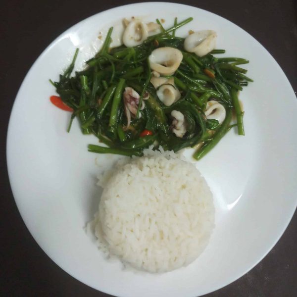 F52 Sq Stir Fried Morning Glory With Squid Over Rice 2