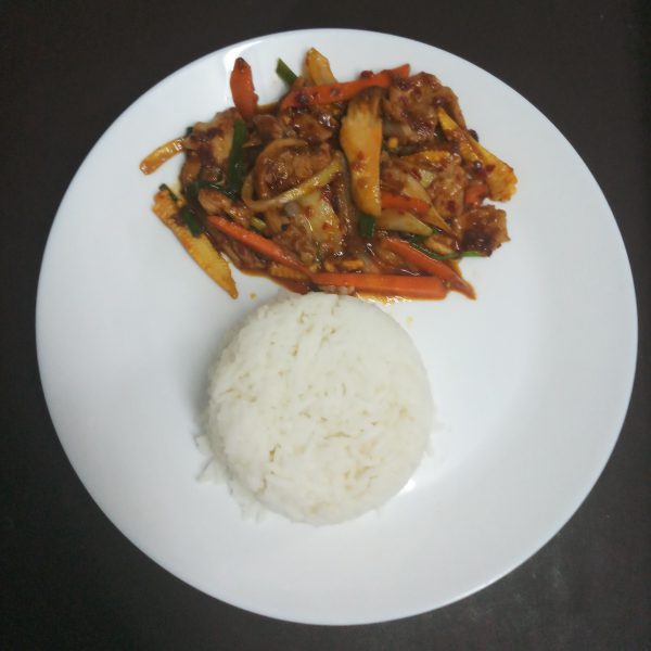 F54 Ch Stir Fried Chicken In Roasted Chili Paste Over Rice 1 scaled