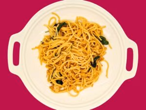 F20 Stir fried vegetables spaghetti in holy basil leaves