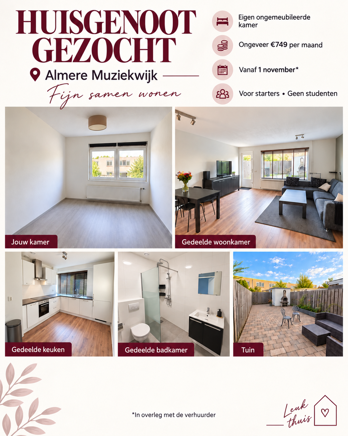 Te huur: Almere / €749 p.m. / 12m2