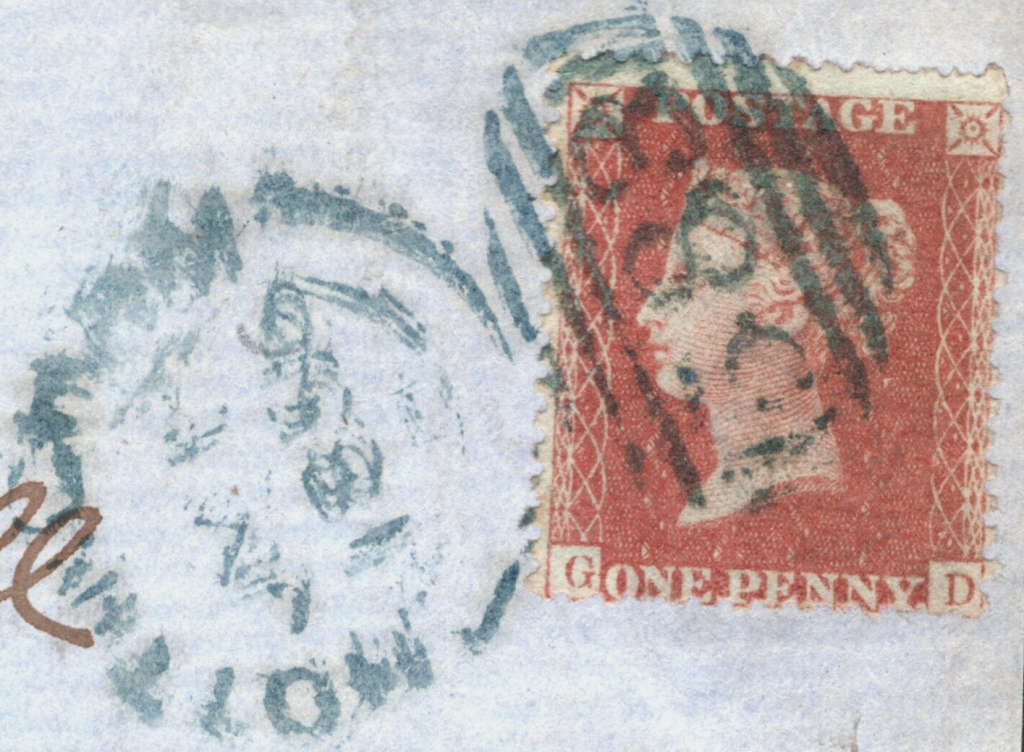 GB QV PENNY RED Stamp SG29 1d Nottingham *BLUE* SIDEWAYS DUPLEX 1856 ...