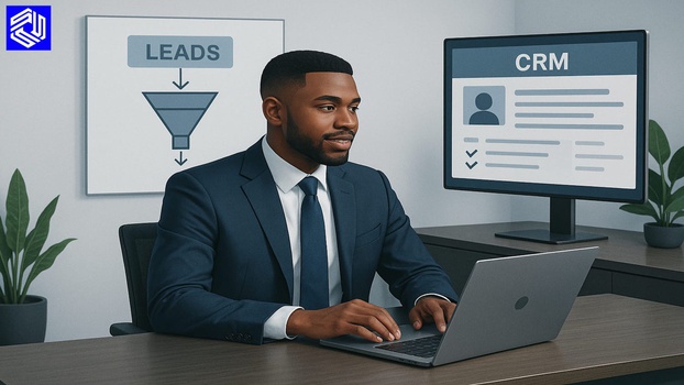 An African professional in a modern office working on lead tracking on a CRM platform.