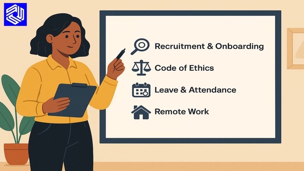 An illustration of a woman highlighting some of the ways Skhokho can be used to manage HR policies.