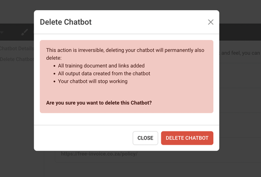 Confirm the Deletion of a chatbot on KaraboAI