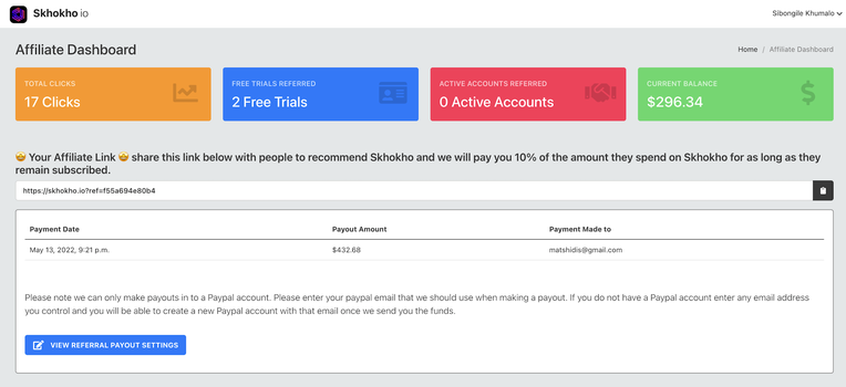Skhokho Affiliates Payments Dashboard - Track your Affiliate Payments