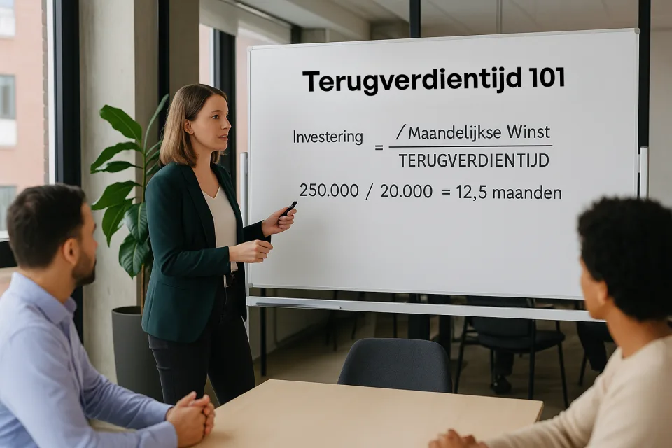 Skrepr-collega legt aan twee teamleden uit hoe de huidige IT-stack in kaart wordt gebracht, aan tafel met laptop en notities