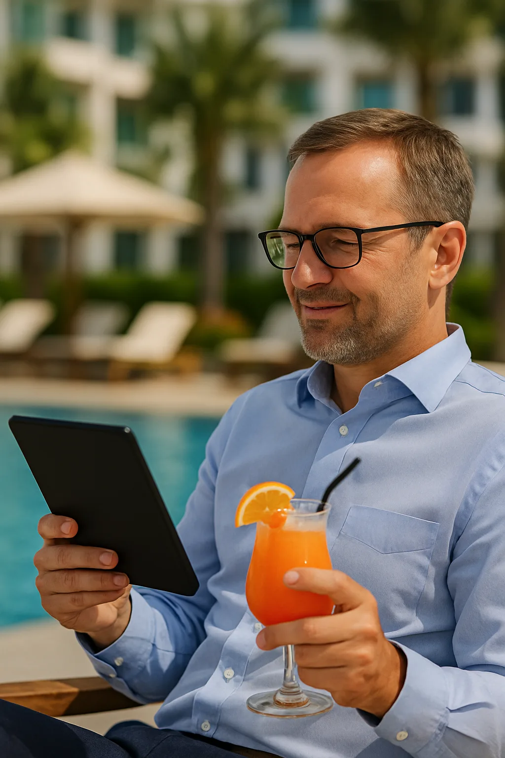 Klant leest mee op tablet terwijl hij een tropische cocktail vasthoudt, ontspannen naast een hotelzwembad