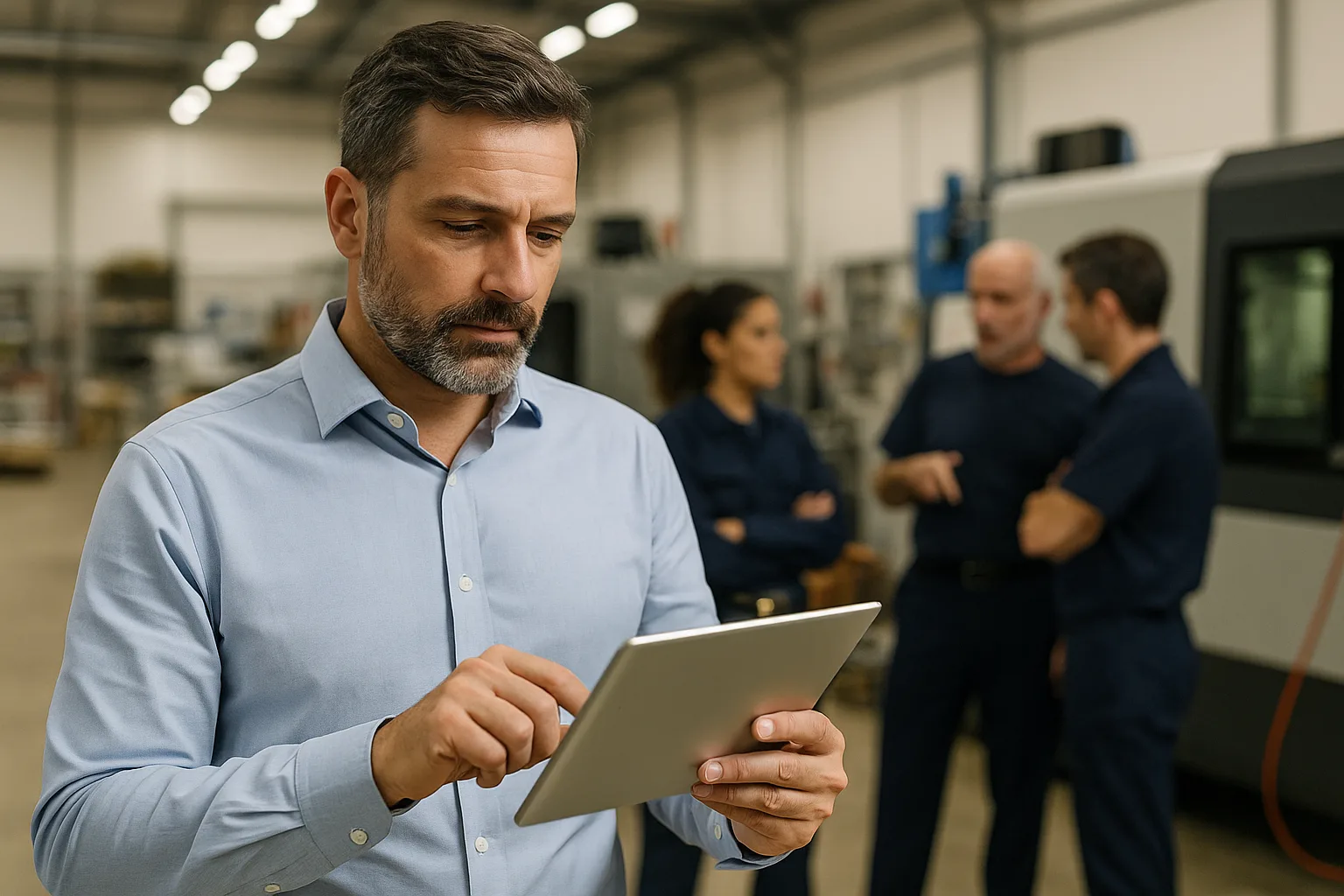 Operations manager bekijkt live productiedata op tablet, collega's sparren op de achtergrond bij CNC-machines